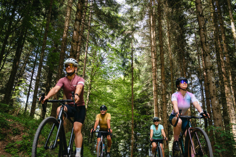 Vier Personen mit einem Gravel Velo unterwegs im Wald